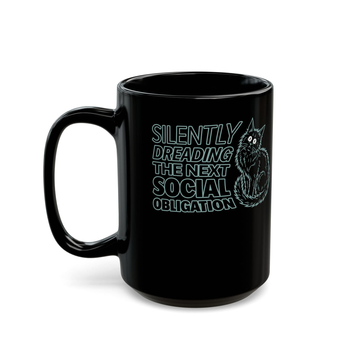 Introvert Cat Black Mug — "Silently Dreading the Next Social Obligation"