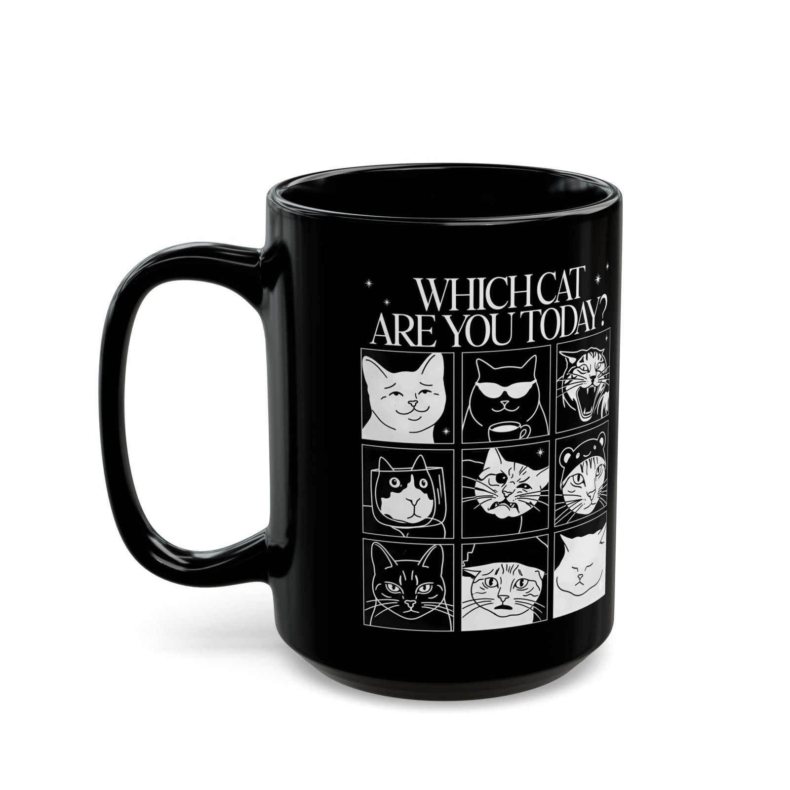 Which Cat You Choose Today Black Mug — Playful Cat Lover Graphic Mug