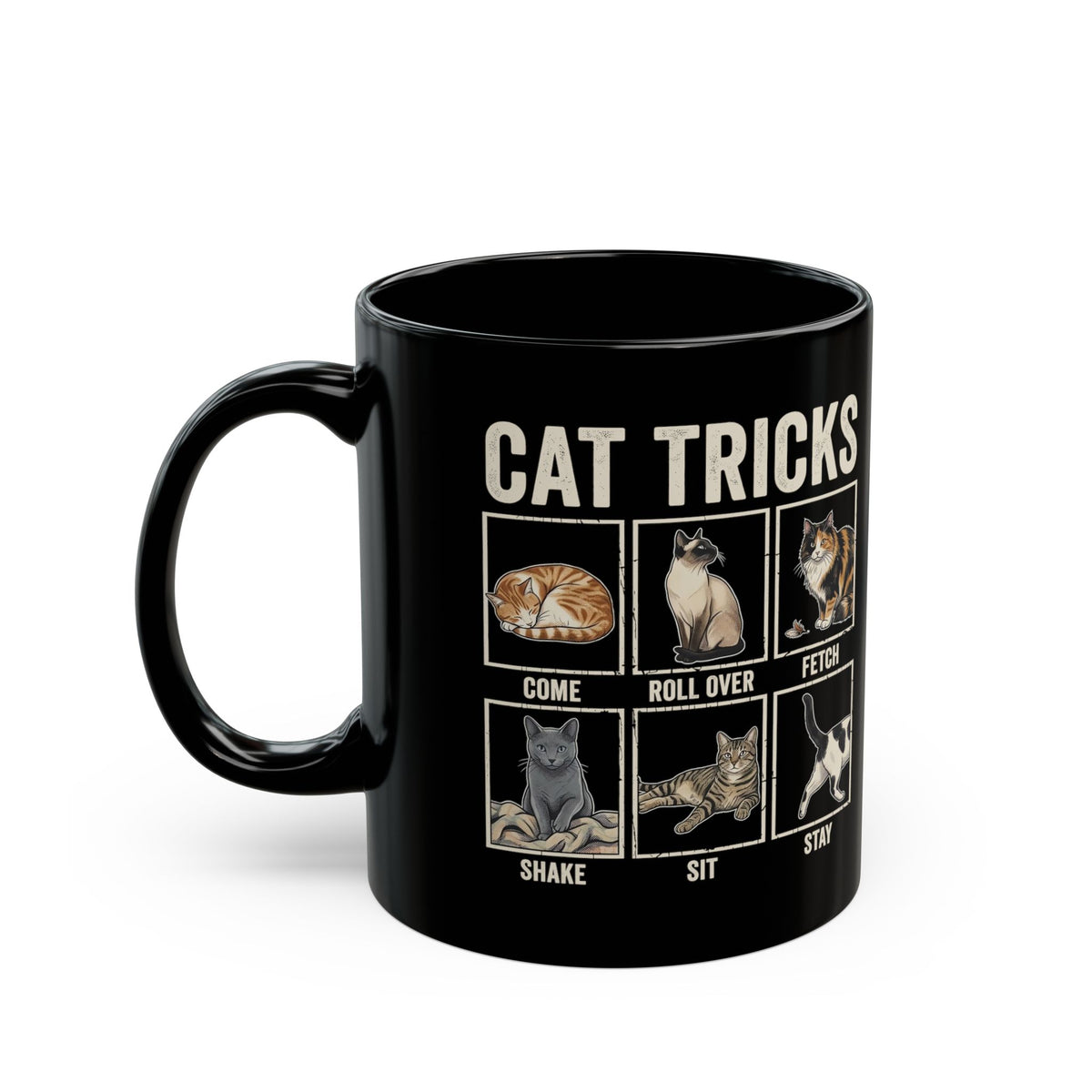Funny Cat Tricks Black Mug — Cute Cat Humor Mug