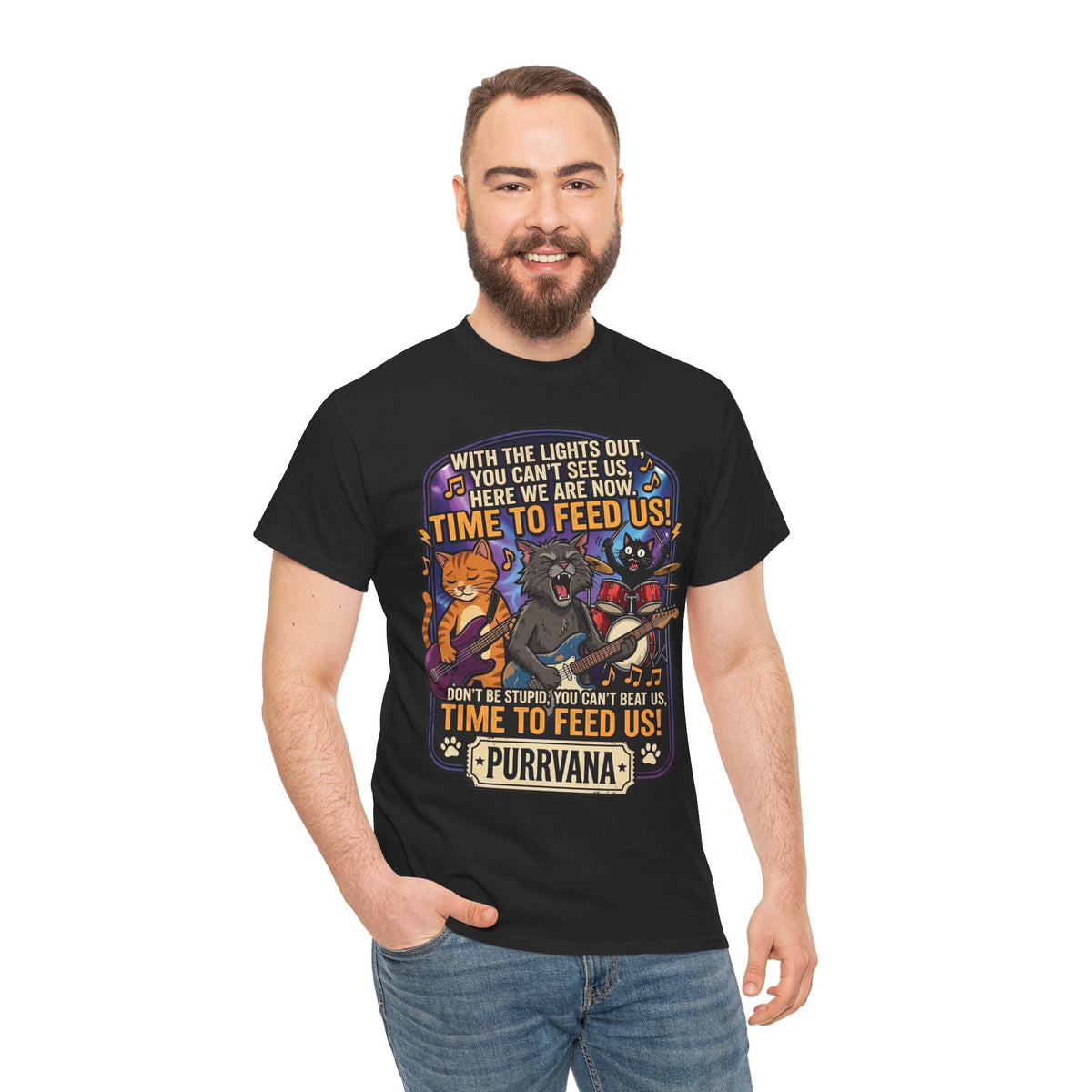 Purrvana Cat Band Graphic Tee — “Time to Feed Us!” Funny Cat Music T-Shirt