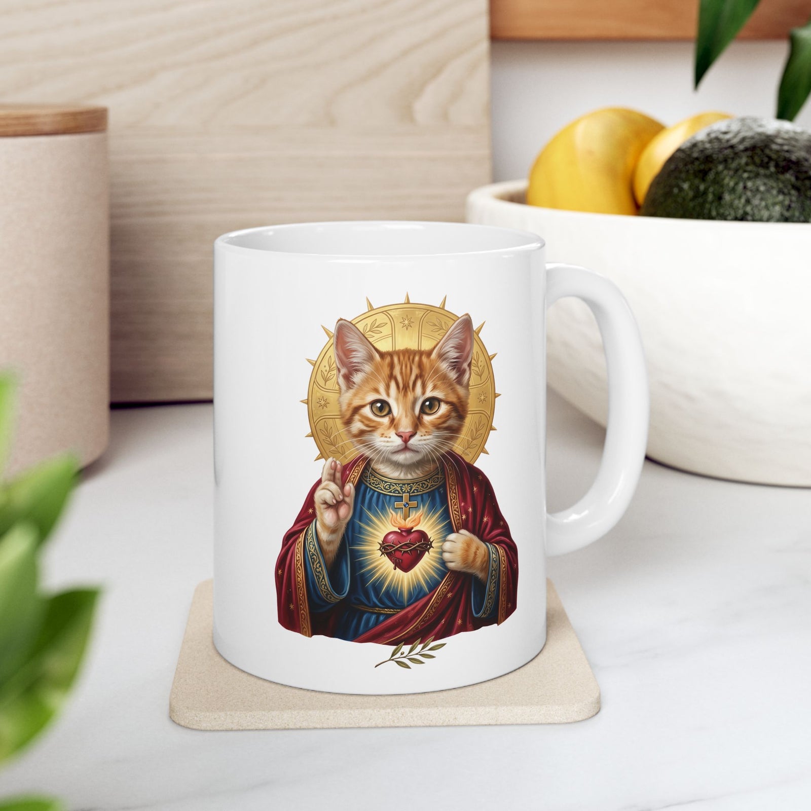 Sacred Heart Cat Ceramic Mug — Christian Religious Cat Lover Graphic Mug