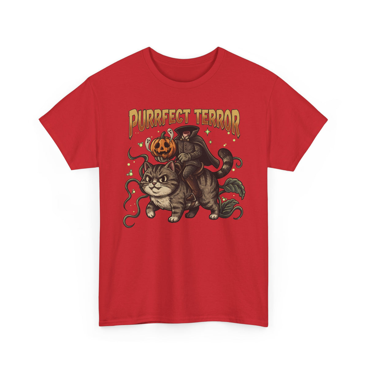 Purrfect Terror Headless Horseman Tabby Cat T-Shirt — Spooky Halloween Tee