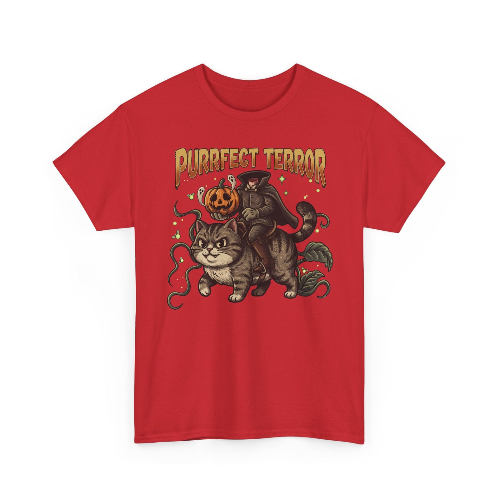 Purrfect Terror Headless Horseman Tabby Cat T-Shirt — Spooky Halloween Tee