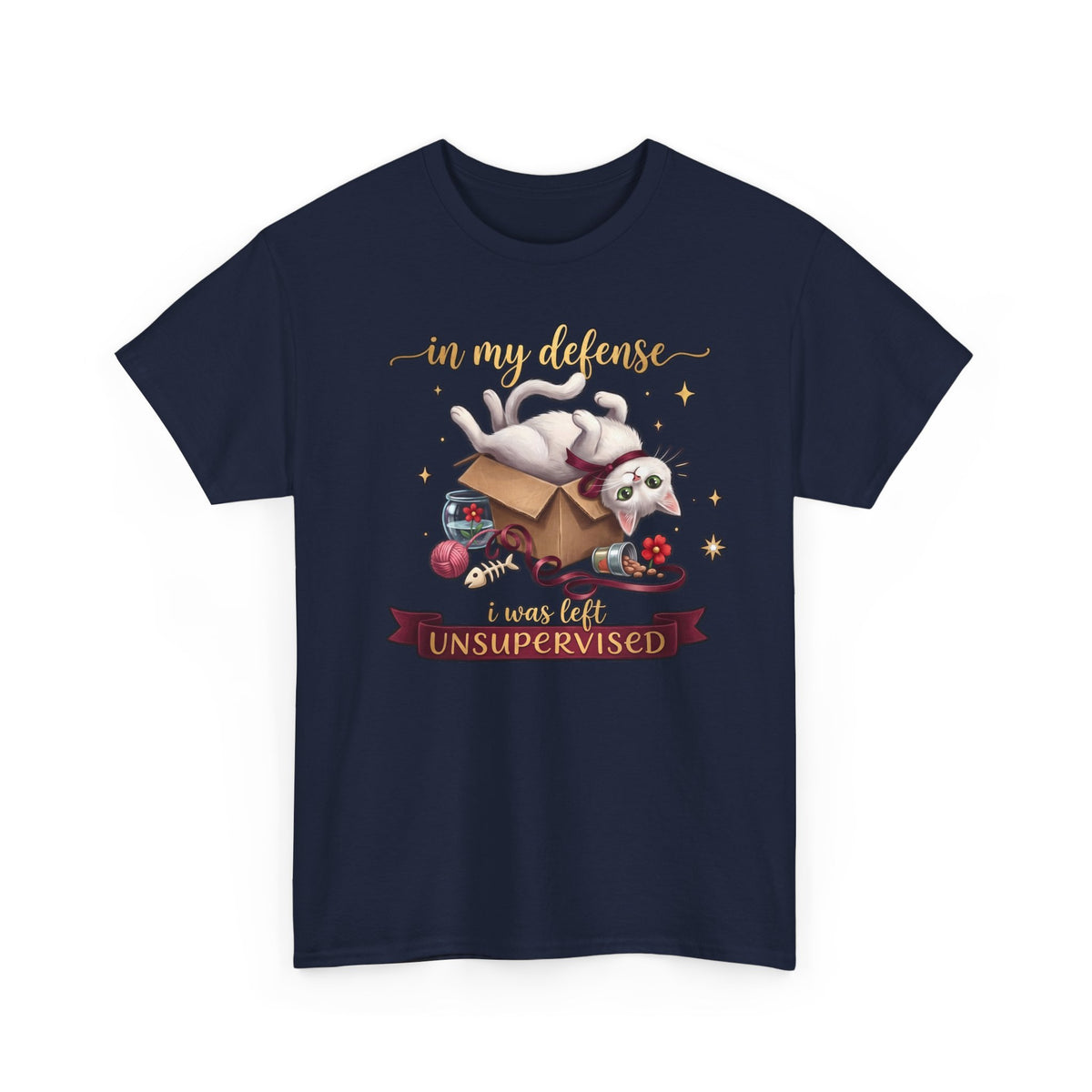 In My Defense I Was Left Unsupervised T-Shirt — Funny Cute White Cat Tee
