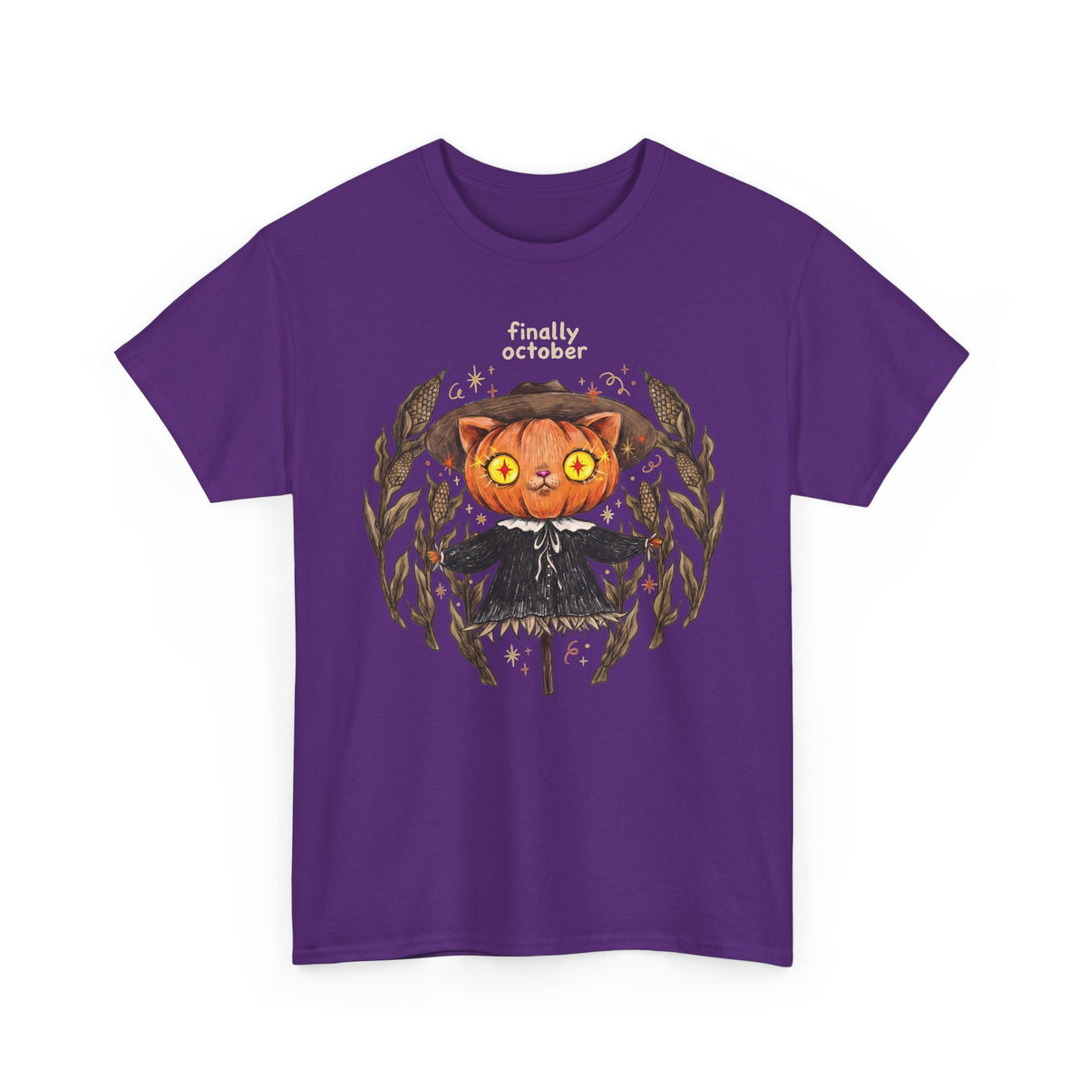 Finally October Pumpkin Cat Scarecrow T-Shirt — Vintage Autumn Halloween Tee