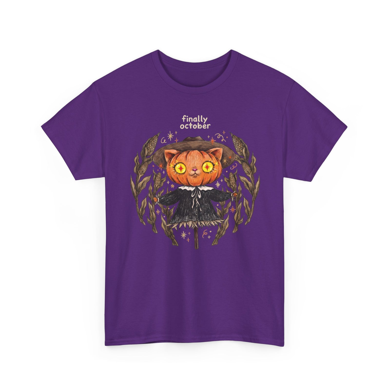 Finally October Pumpkin Cat Scarecrow T-Shirt — Vintage Autumn Halloween Tee