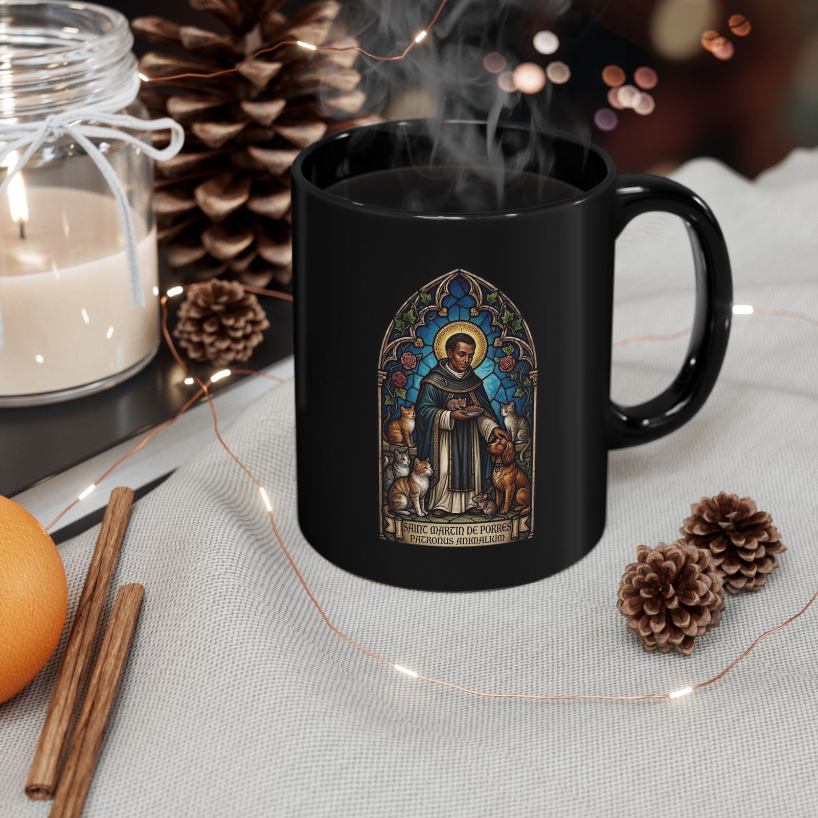 Saint Martin de Porres Cat Lovers Black Mug — Patron of Animals Mug