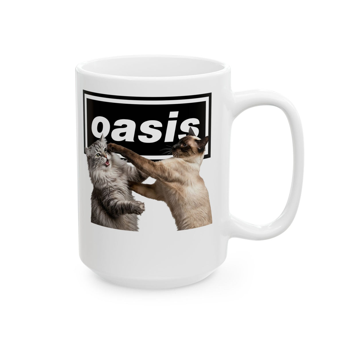 Oasis Cat Fight Ceramic Mug — Desert Cat Battle Graphic Mug