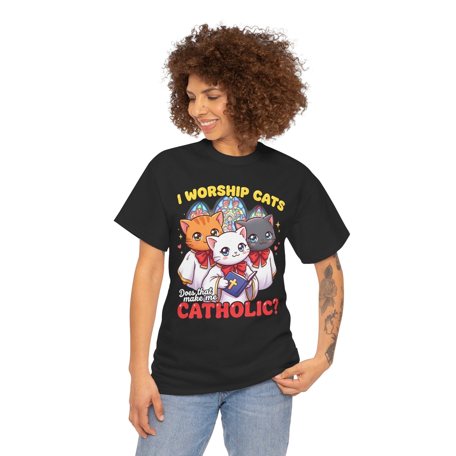 Worship Cats Tee — "Does that make me Catholic" Funny Cat Shirt