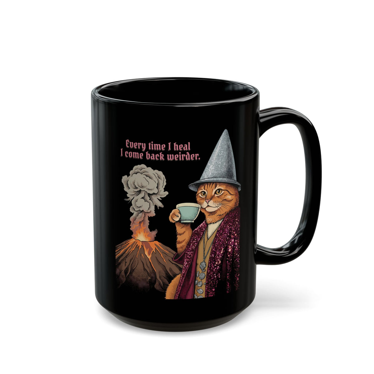 Weird Healing Journey Cat Black Mug — Retro Feline Tea Time Aesthetic Mug