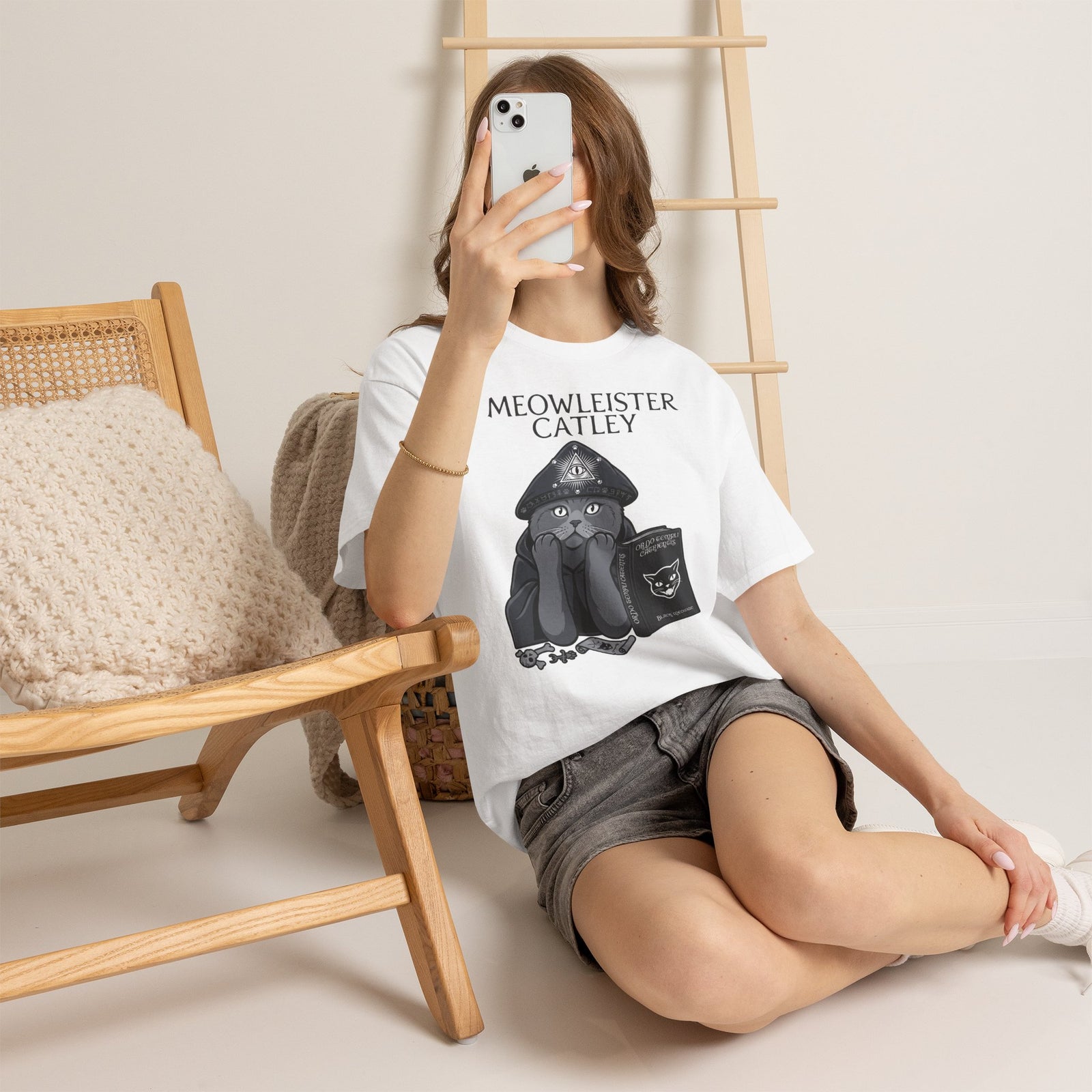 Meowleister Catley T-Shirt — Witchy Cat with Spellbook Graphic