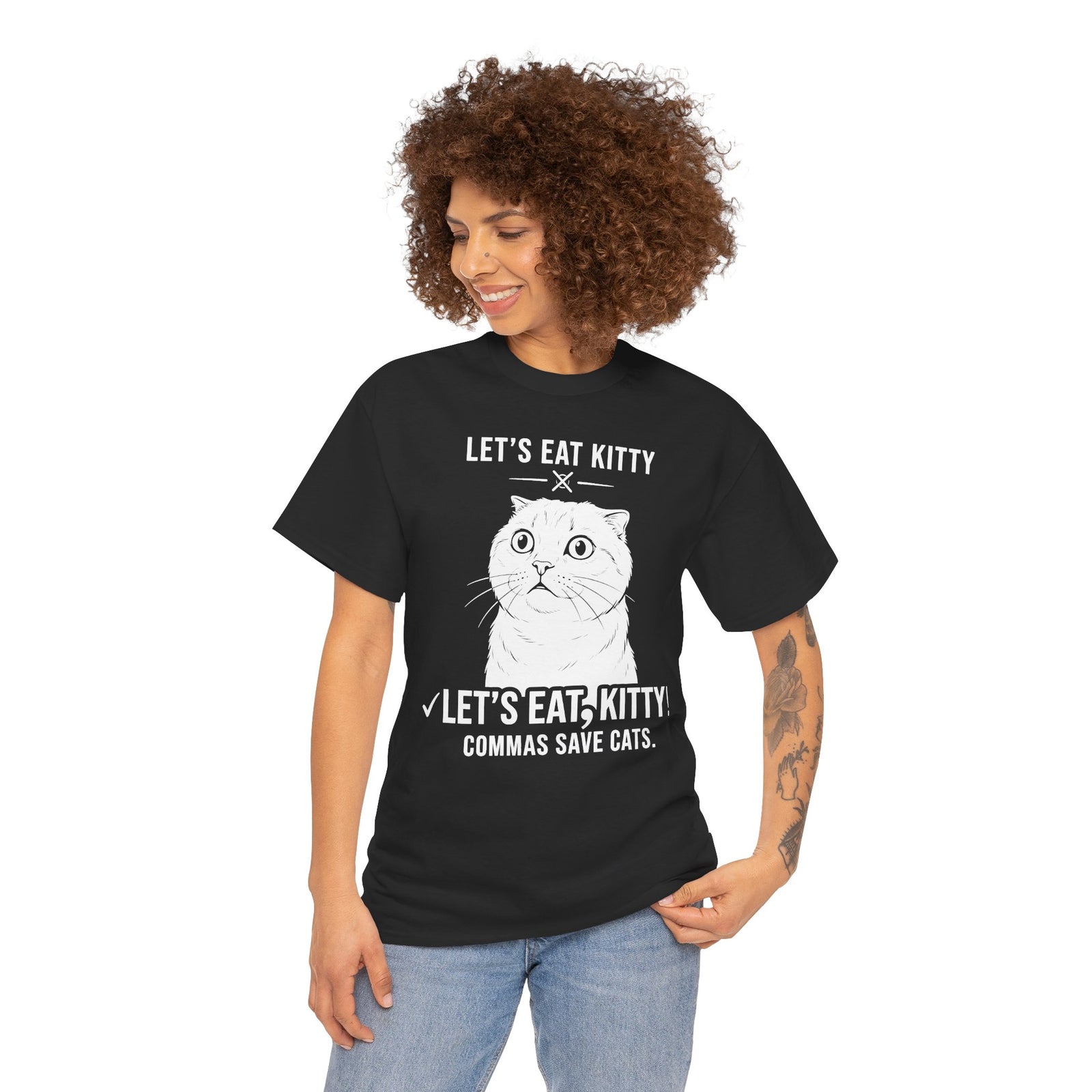 Let’s Eat, Kitty T-Shirt — Funny Grammar Cat Tee ("Commas Save Cats")