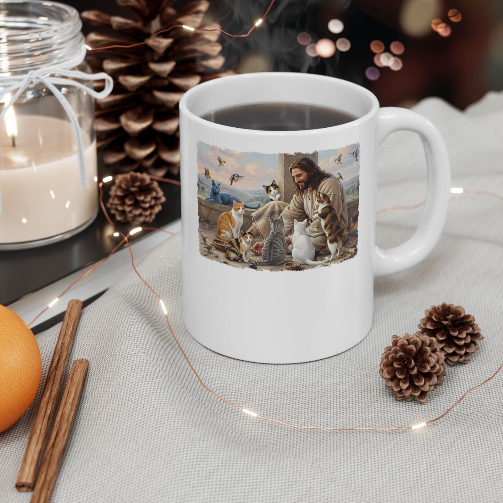 Jesus Surrounded by Cats Ceramic Mug — Religious Cat Lover Mug