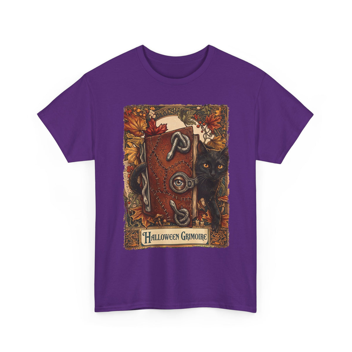 Halloween Grimoire Spellbook Black Cat T-Shirt — Witchy Autumn Magic Tee