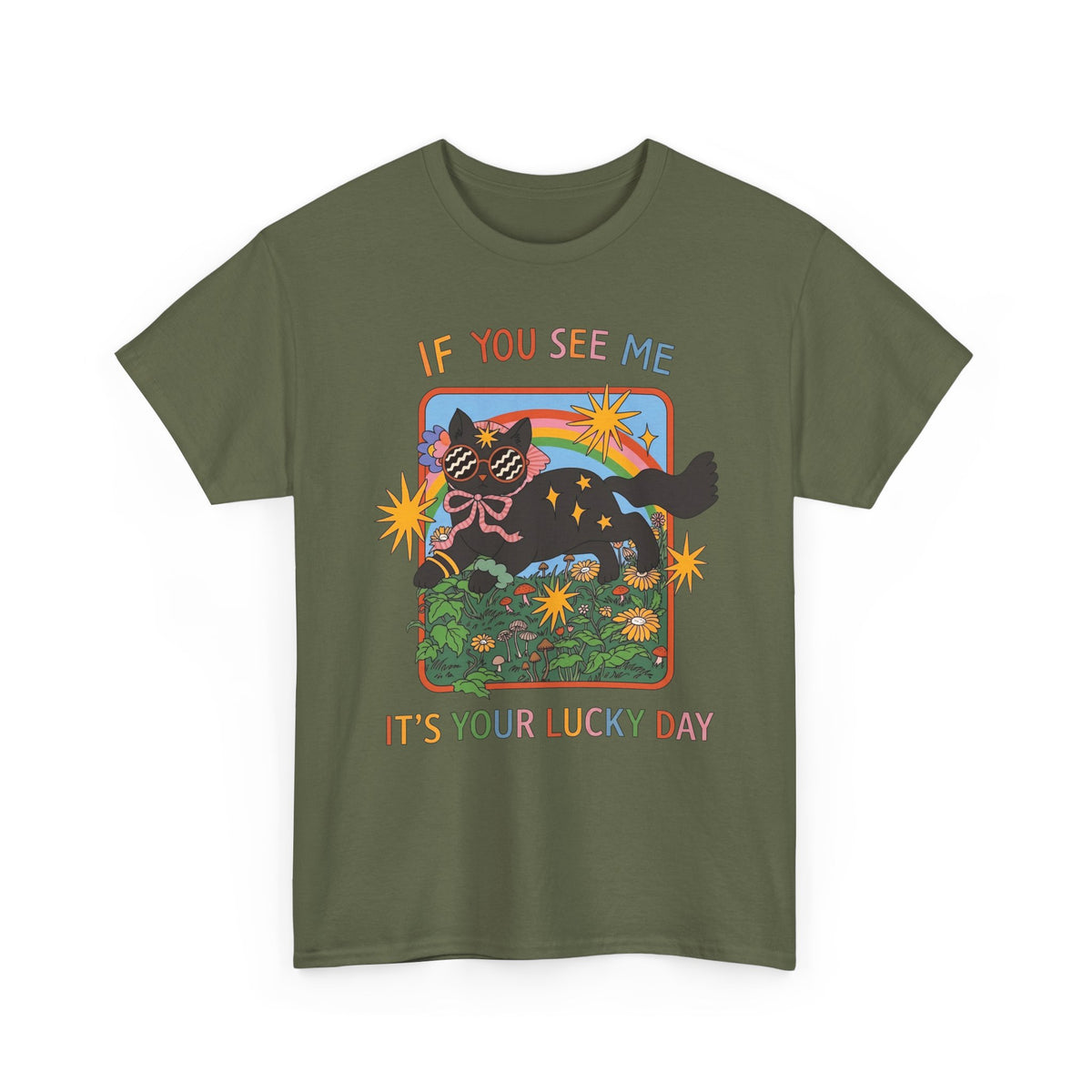 If You See Me It's Your Lucky Day T-Shirt — Retro Groovy Black Cat Rainbow Graphic Tee
