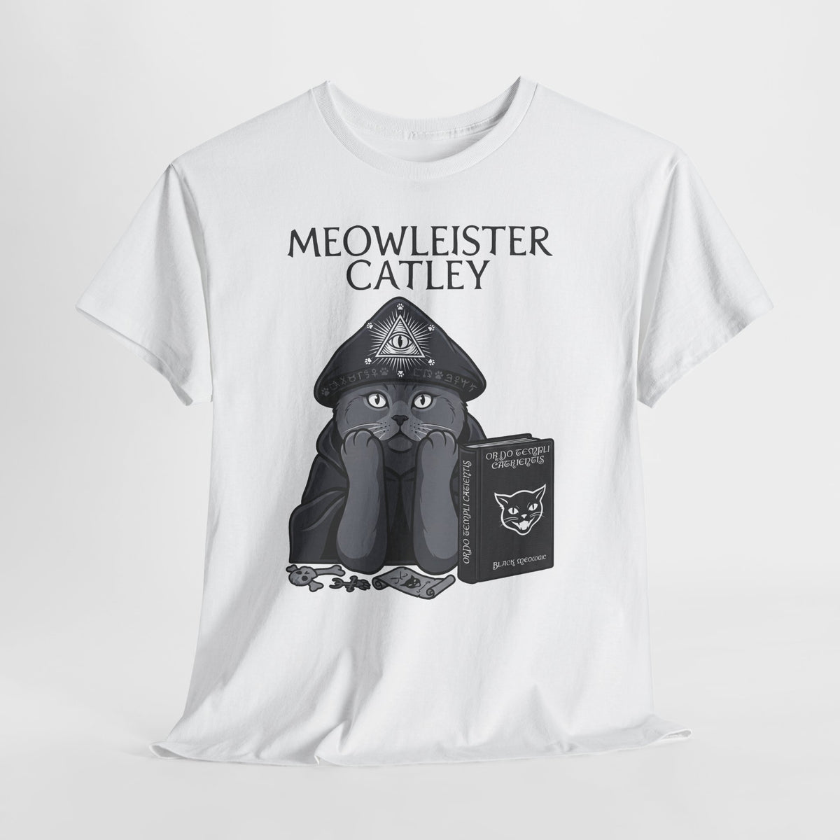 Meowleister Catley T-Shirt — Witchy Cat with Spellbook Graphic