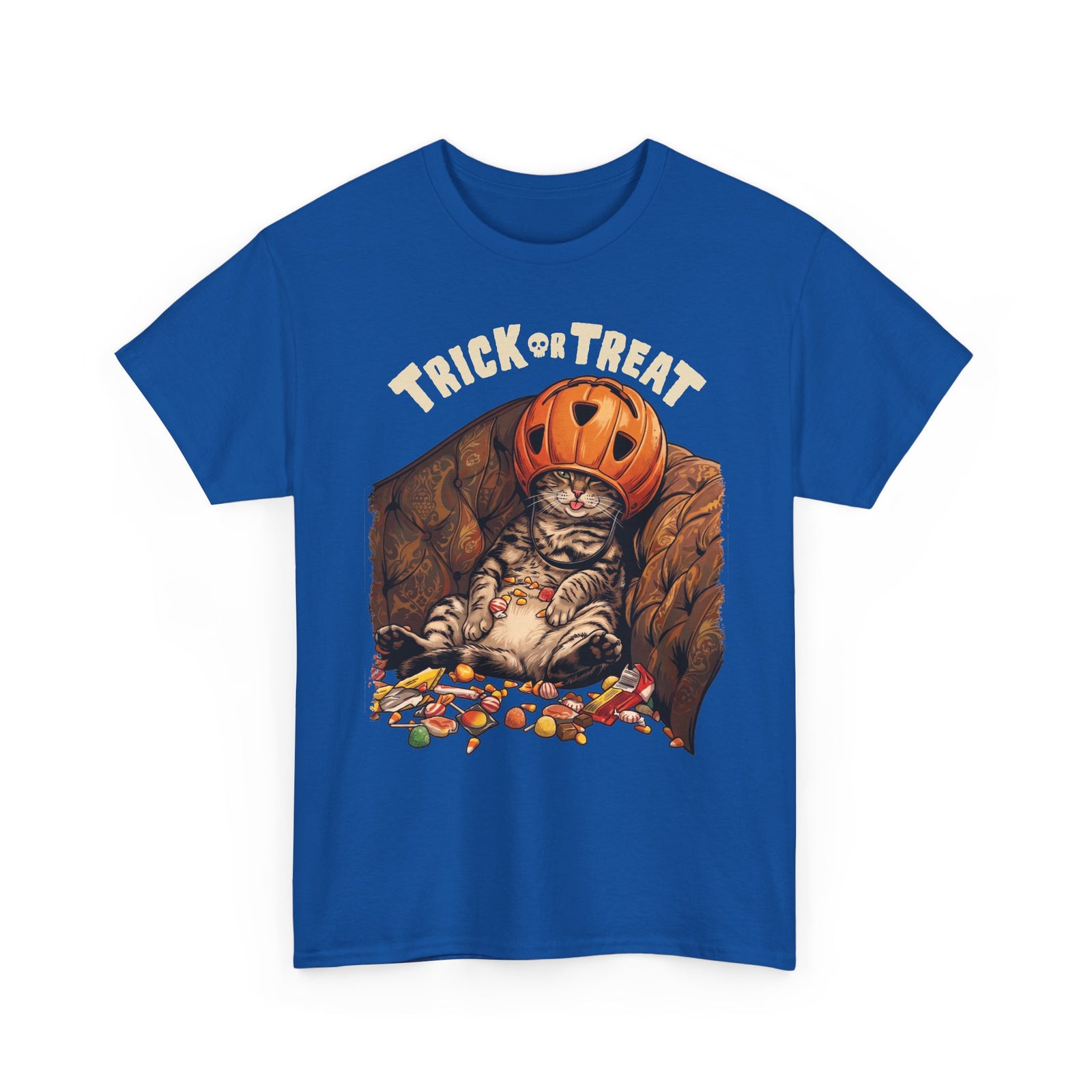 Trick Or Treat Pumpkin Helmet Cat T-Shirt — Funny Halloween Candy Coma Tee