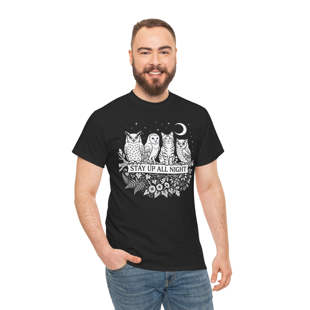 Cat Stays Up All Night T-Shirt — Cute Night Owl Cat Tee