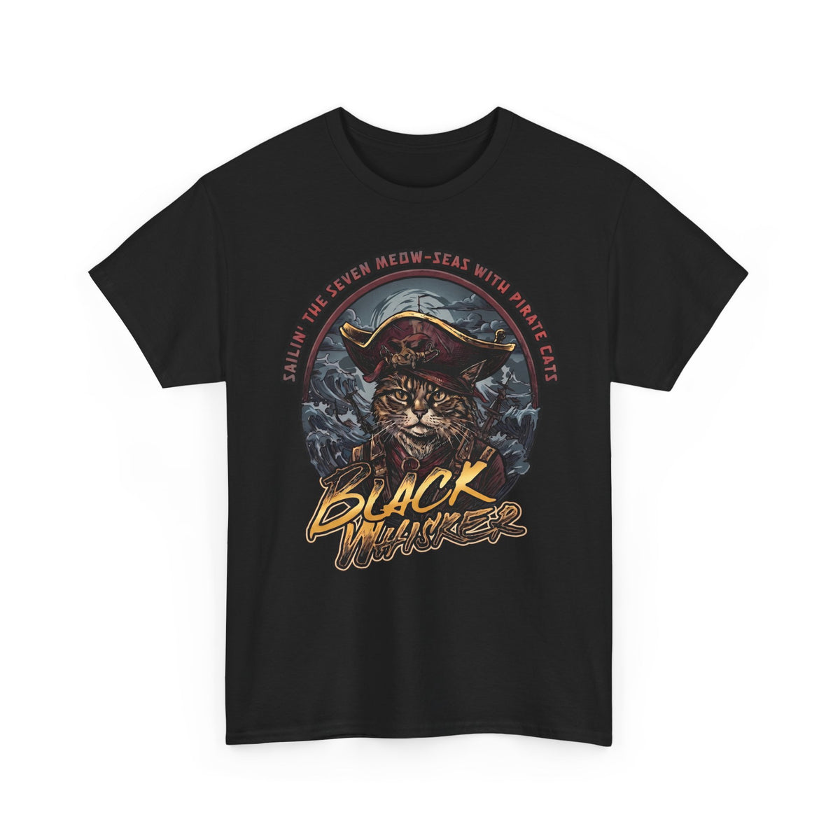 Black Whisker Pirate Cat T-Shirt — Funny Nautical Seven Meow-Seas Tee