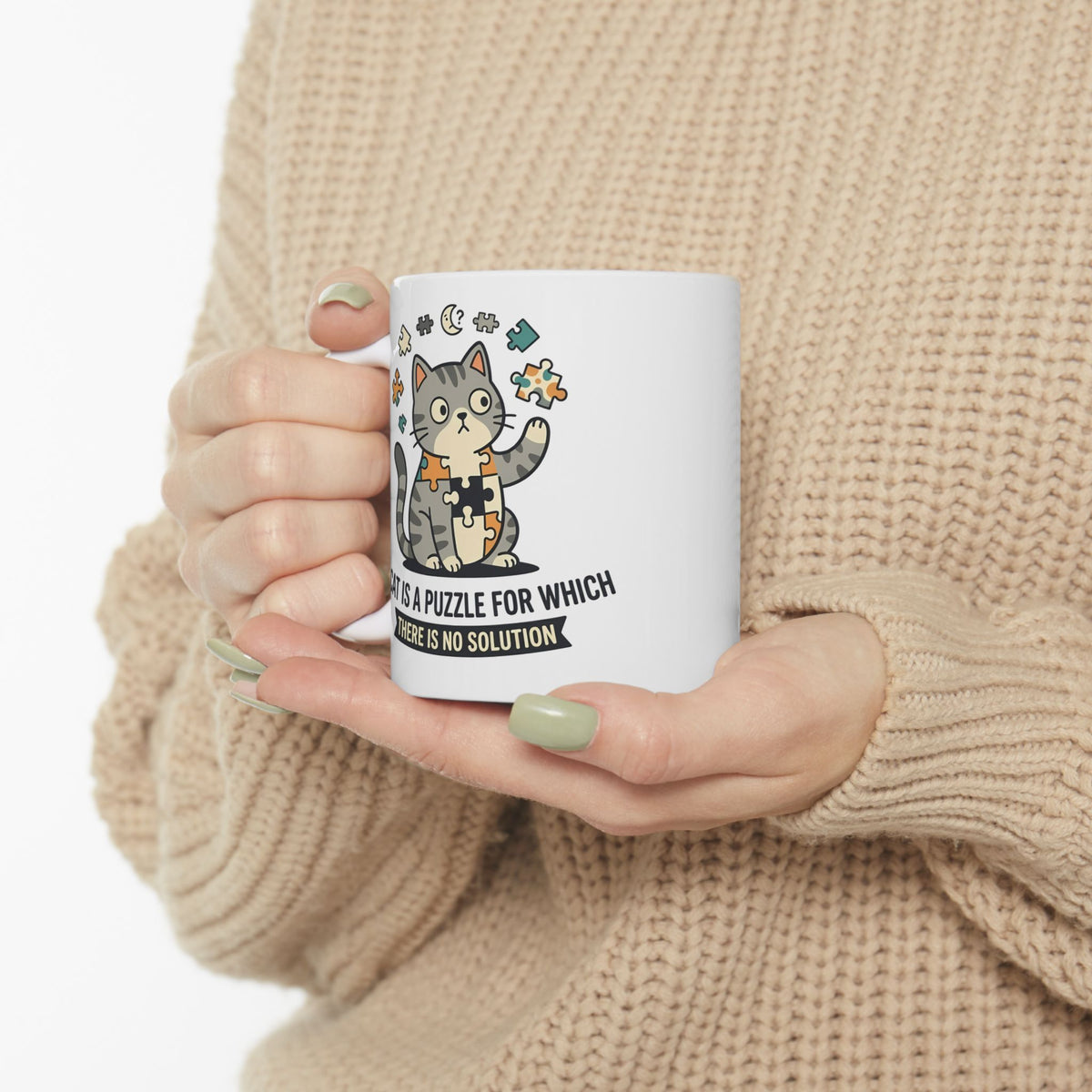 Cat Puzzle Ceramic Mug — "A Cat Is a Puzzle for Which There Is No Solution"