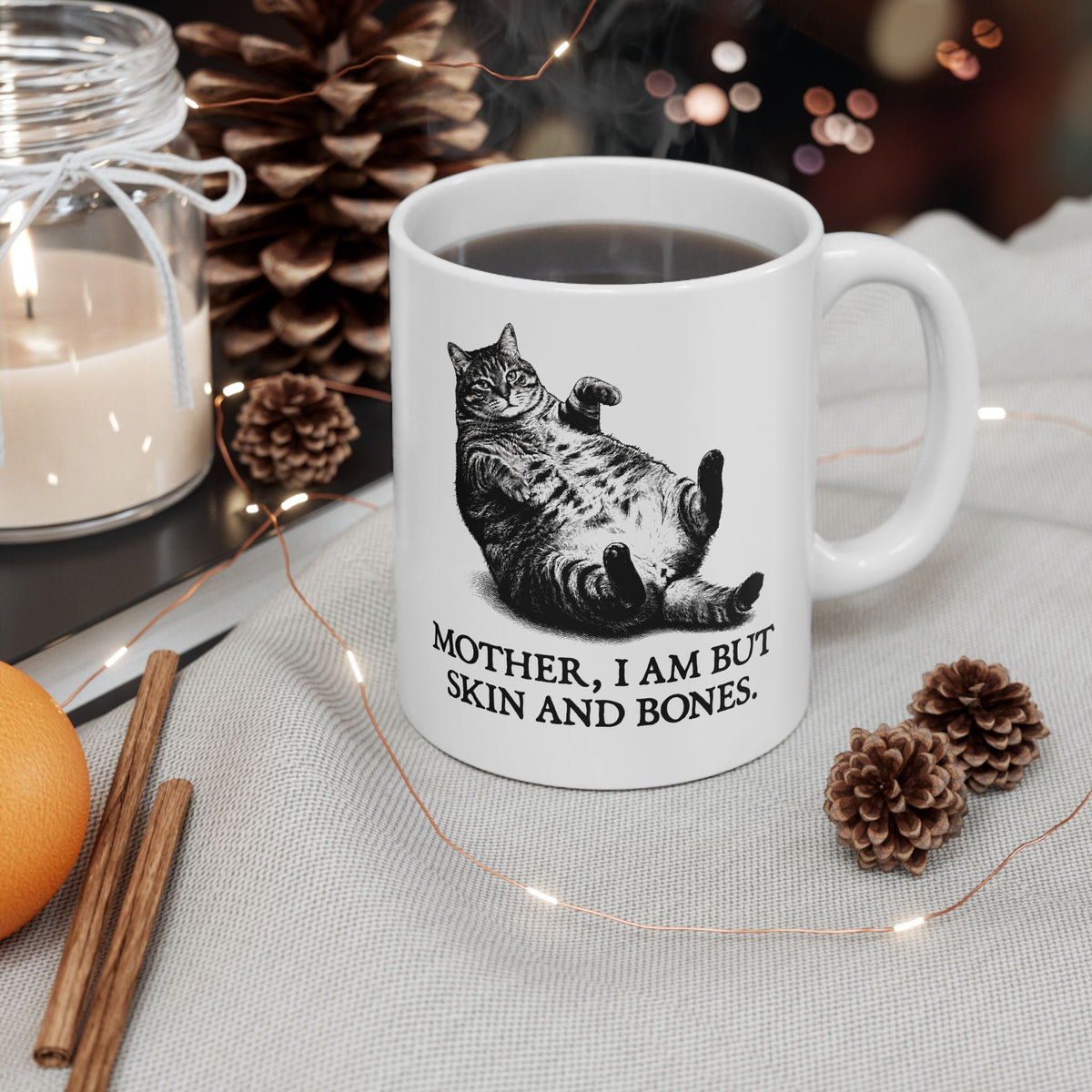 Skin And Bones Chonk Cat Ceramic Mug — Funny Dramatic Feline Graphic Mug