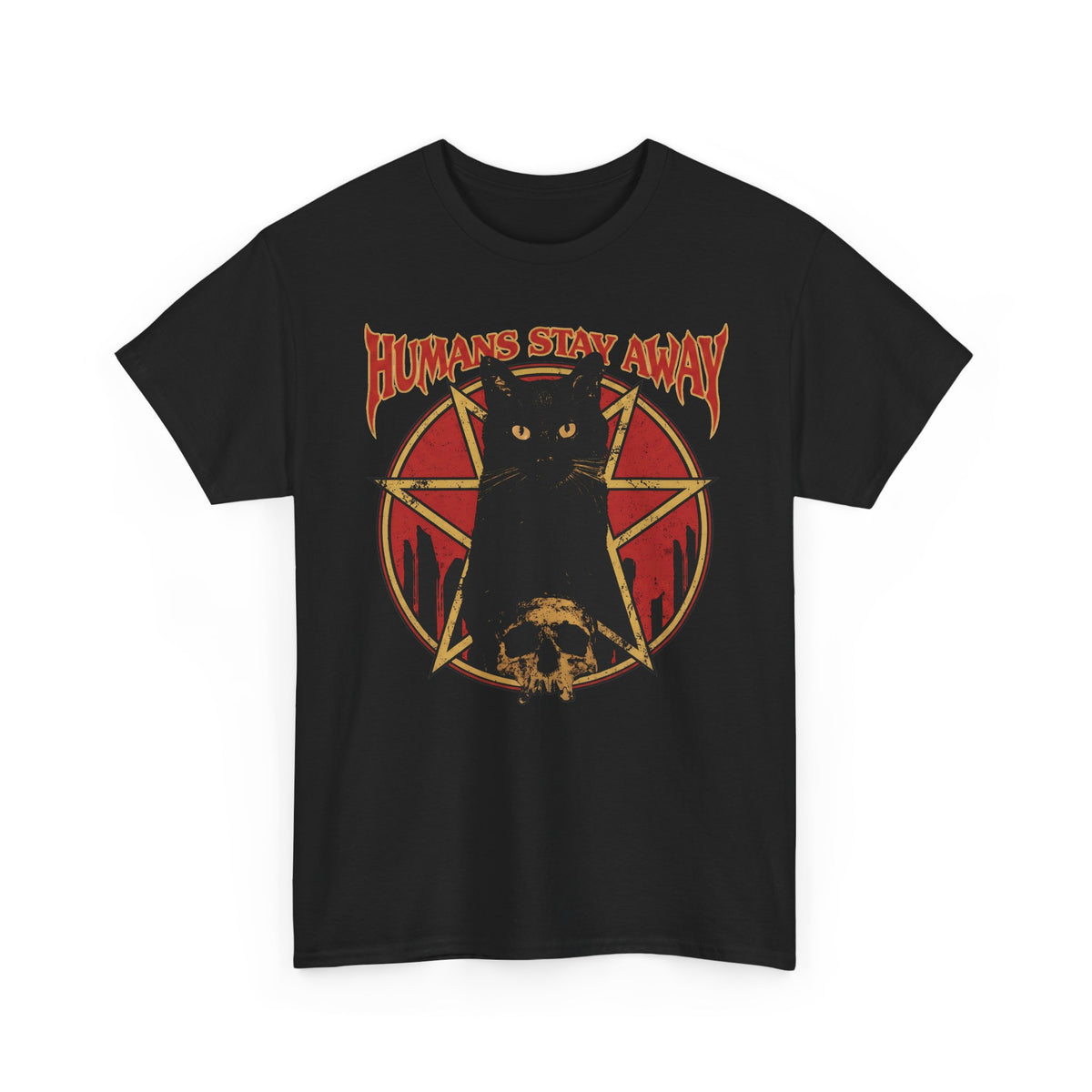 Humans Stay Away Black Cat T-Shirt — Heavy Metal Occult Pentagram Tee