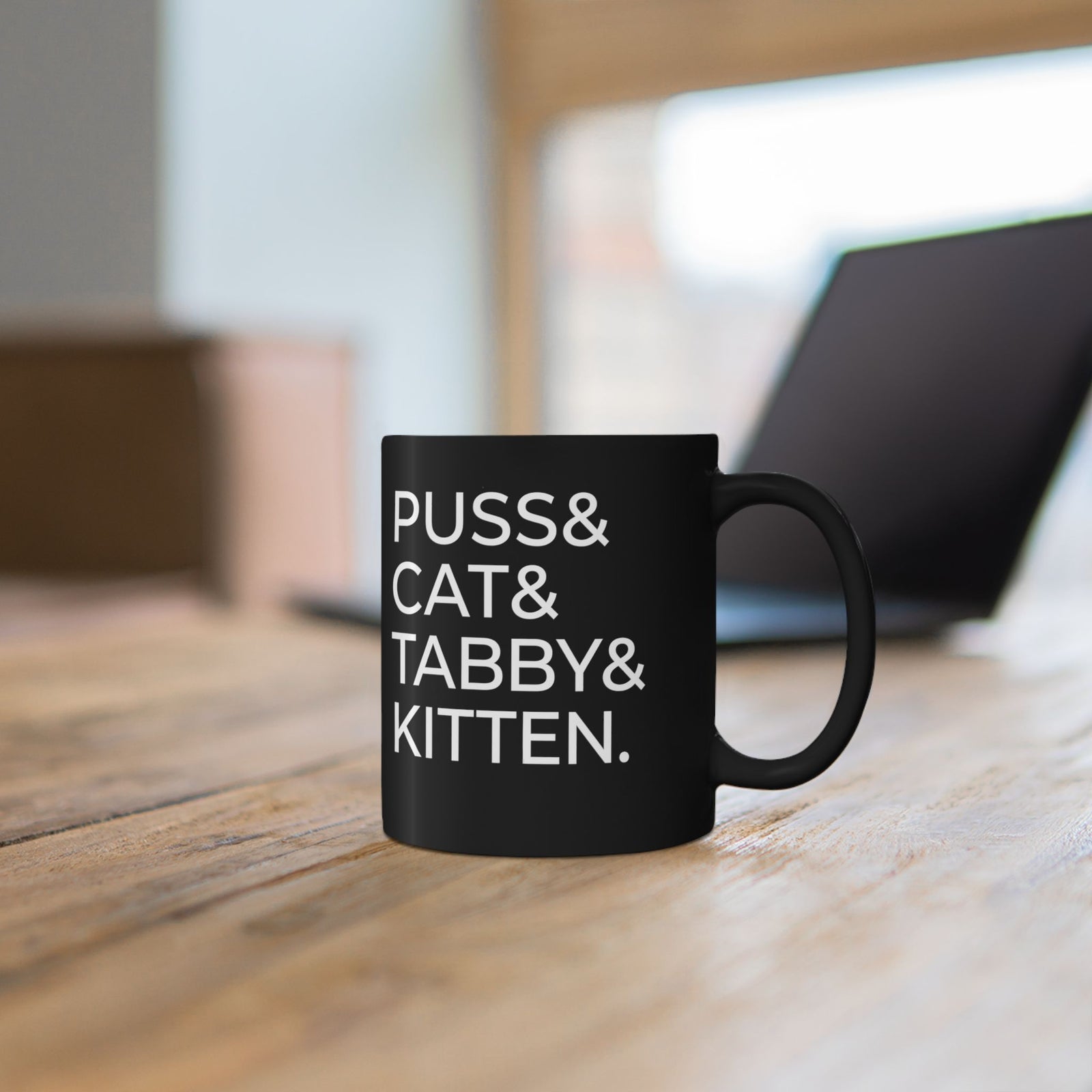 Puss and Kitten Cat Mug — Cute Tabby Cat Graphic Black Mug