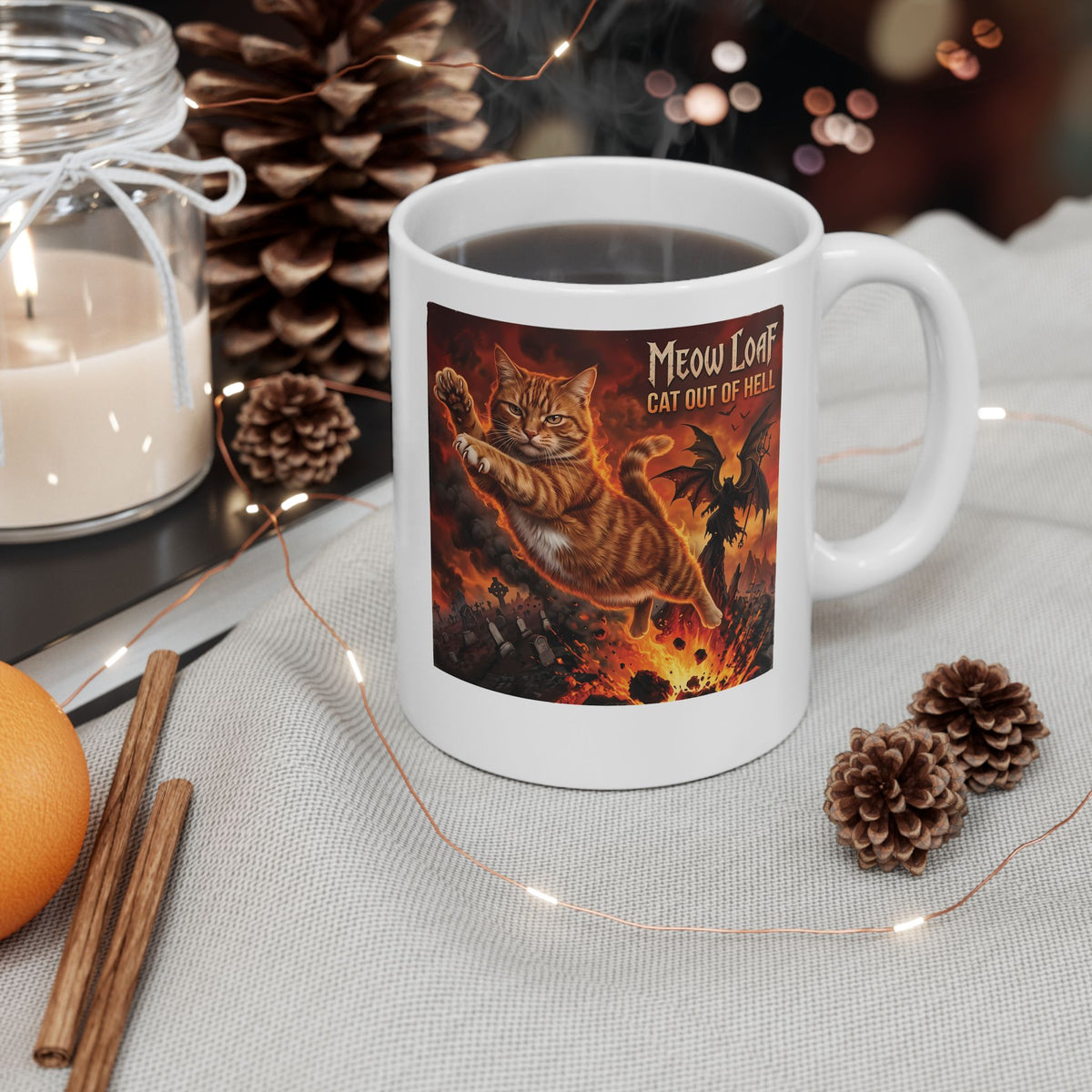 Meow Loaf Cat Out of Hell Ceramic Mug — Funny Gothic Cat Mug