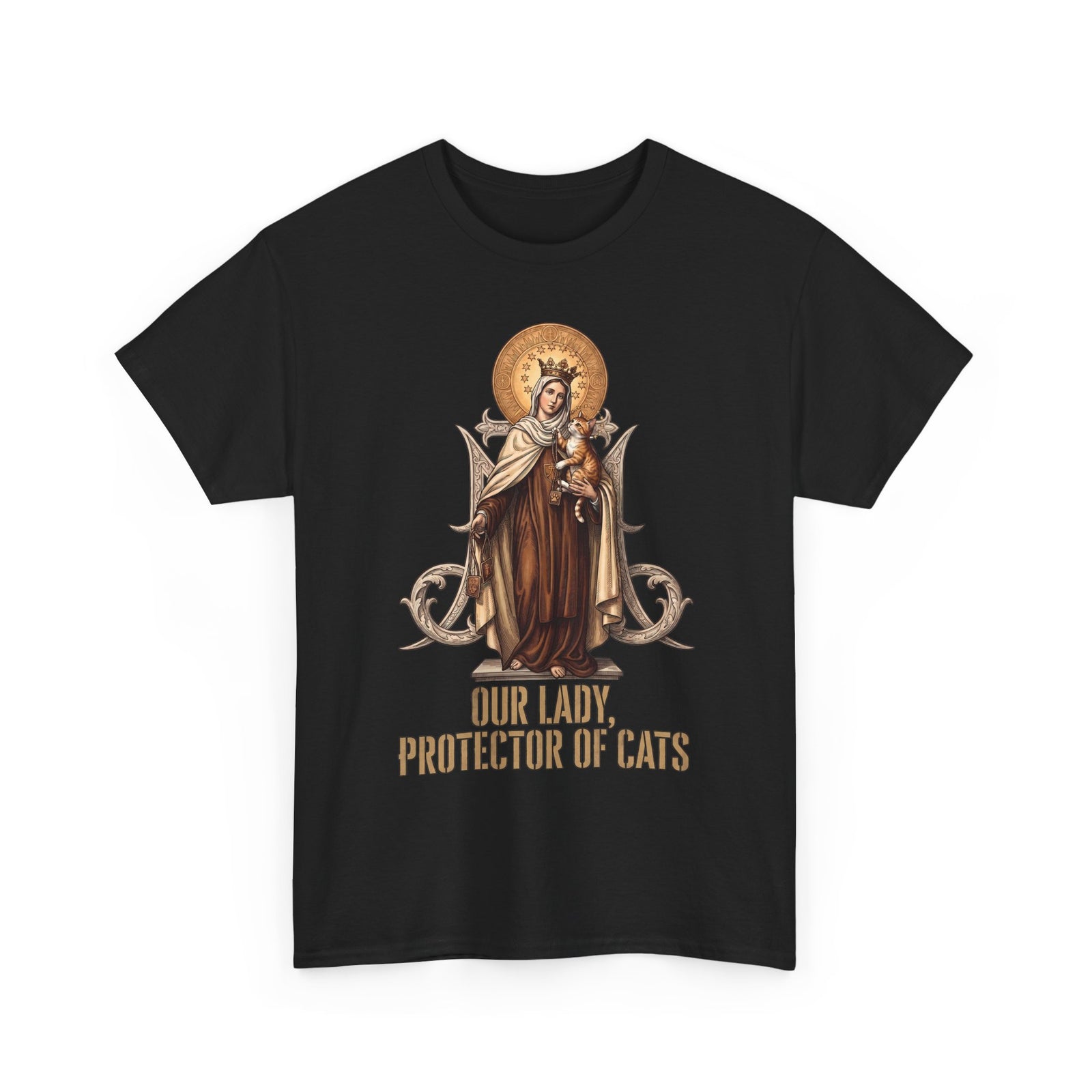 Our Lady Protector Of Cats T-Shirt — Sacred Feline Religious Parody Tee