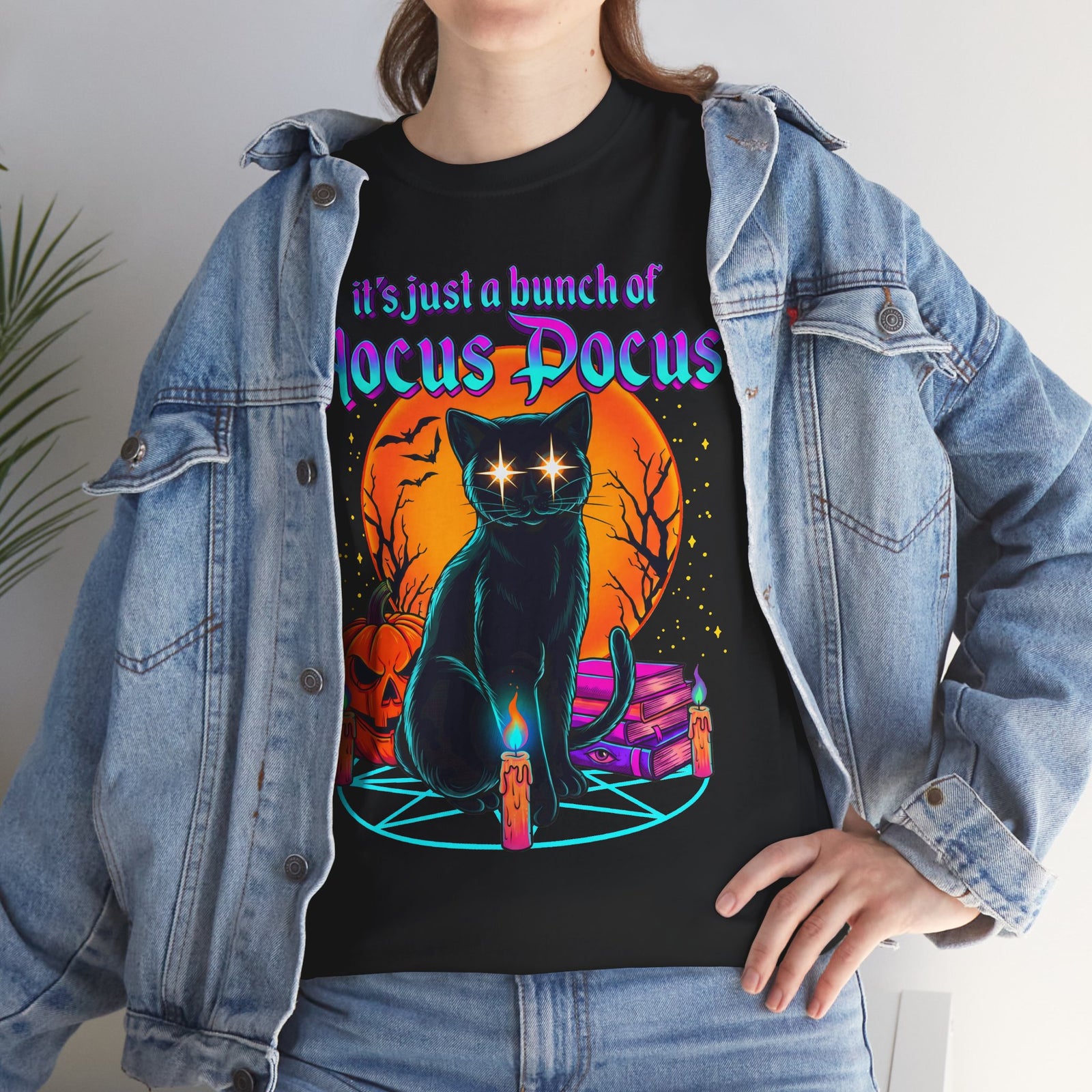 It's Just A Bunch Of Hocus Pocus Black Cat T-Shirt — Witchy Halloween Magic Tee