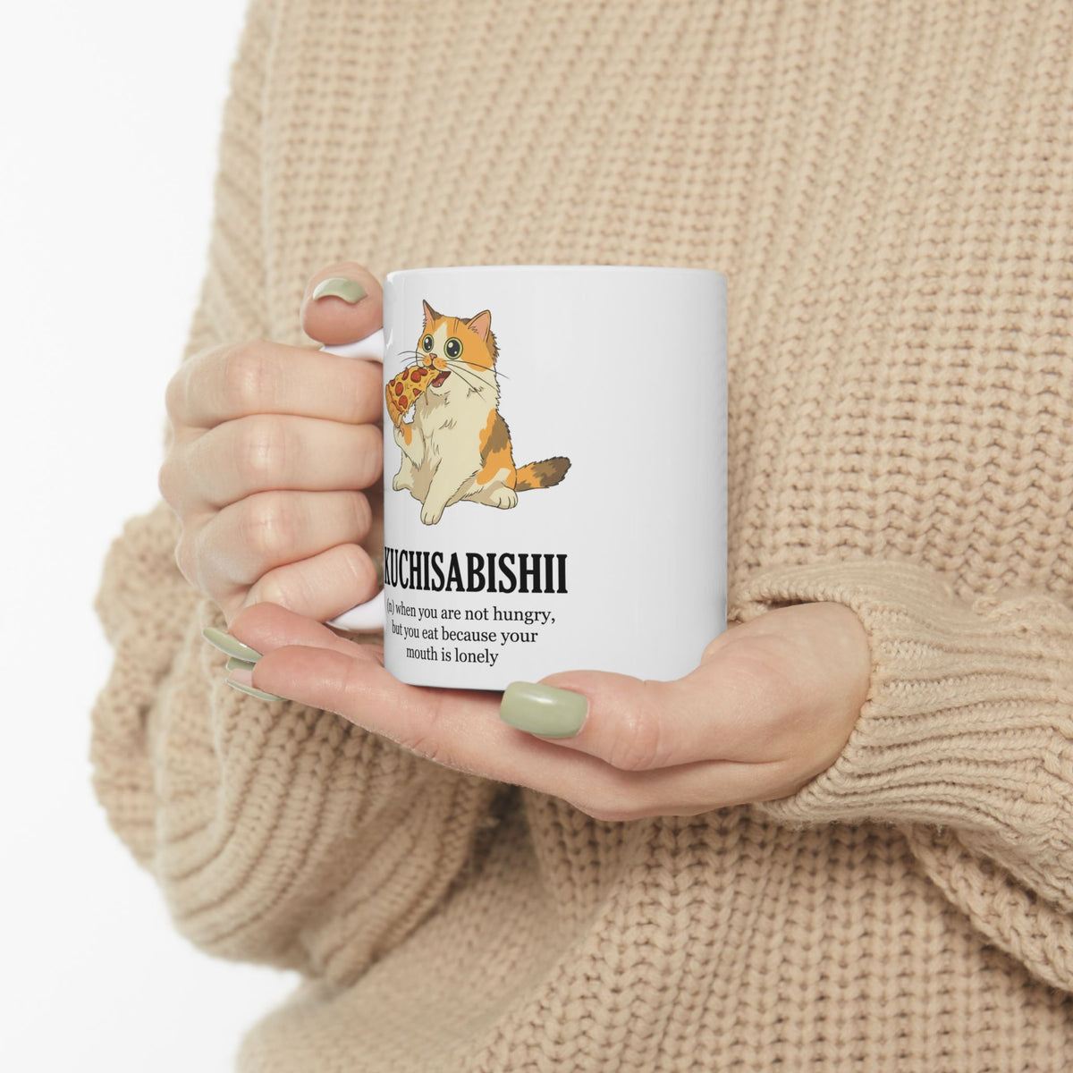 Kuchisabishii Lonely Mouth Ceramic Mug — Funny Cat Eating Pizza Mug