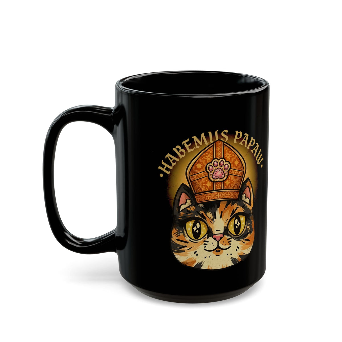 Funny 'Habemus Papaw' Catholic Kitten Black Mug — Pope Cat Graphic Mug