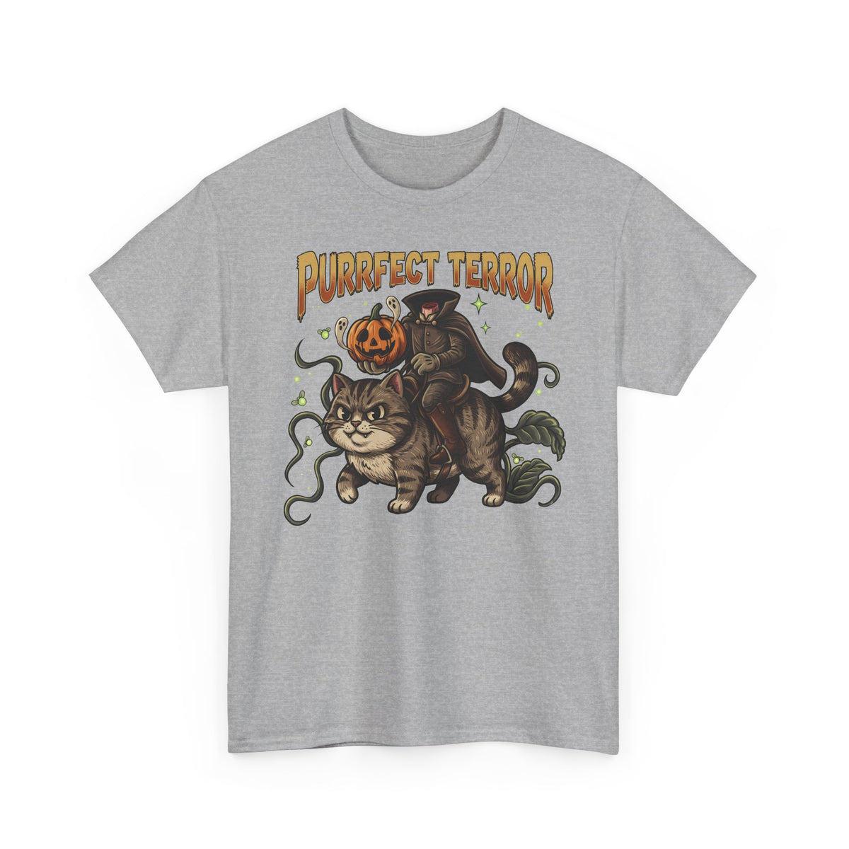 Purrfect Terror Headless Horseman Tabby Cat T-Shirt — Spooky Halloween Tee