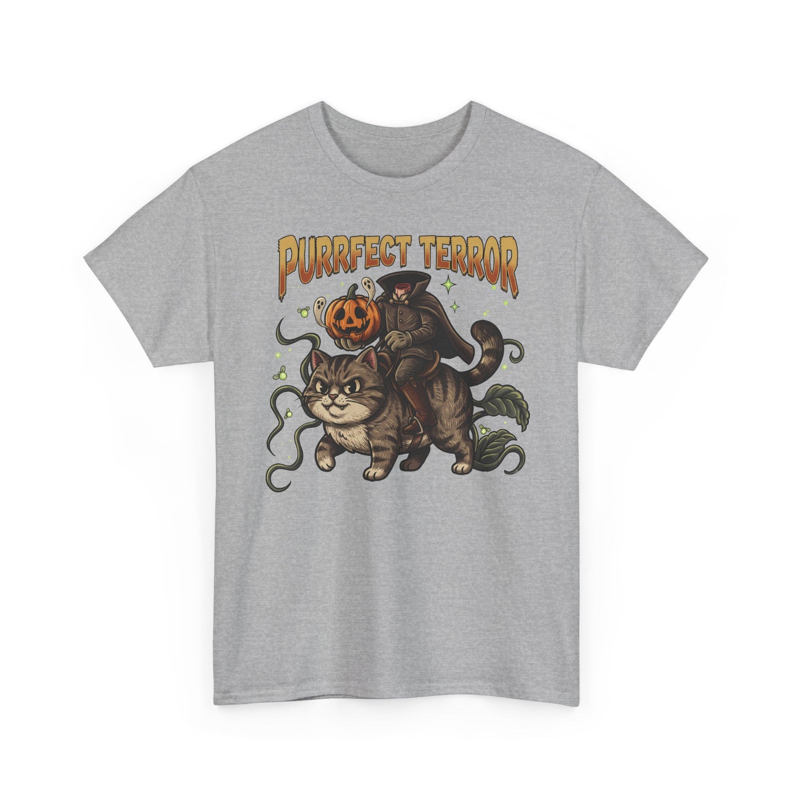 Purrfect Terror Headless Horseman Tabby Cat T-Shirt — Spooky Halloween Tee
