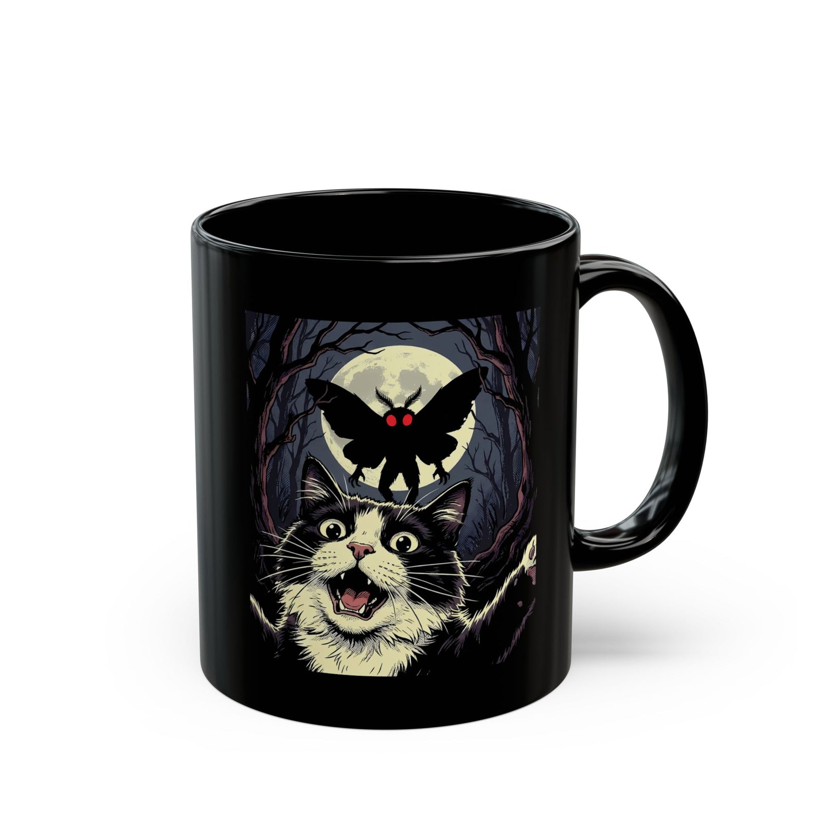 Cat Selfie with Mothman Black Mug