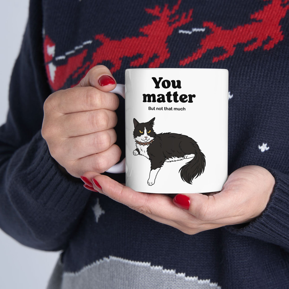 You Matter But Not That Much Ceramic Mug — Funny Sarcastic Tuxedo Cat Graphic Mug