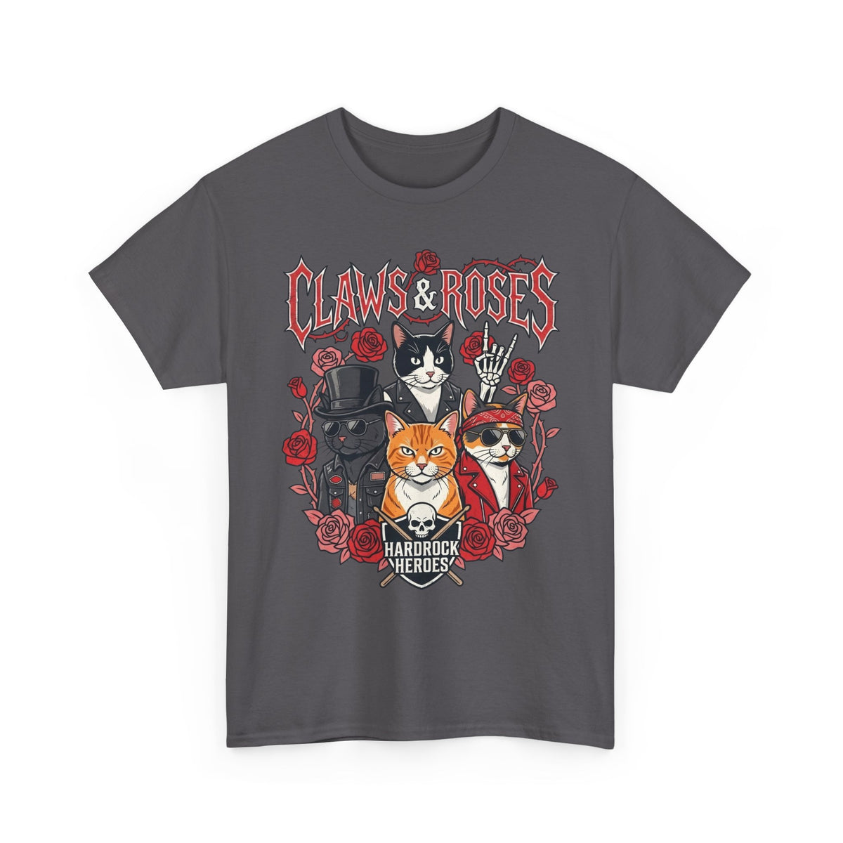 Claws & Roses Cat Band Tee - Rock 'N' Roll Feline Graphic T-Shirt