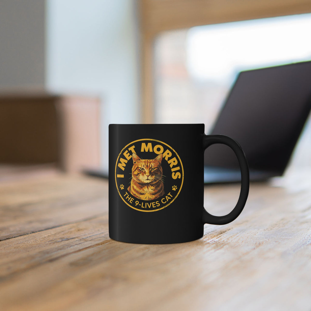 Cat Black Mug — "I Met Morris" 9-Lives Vintage Cat Graphic Mug