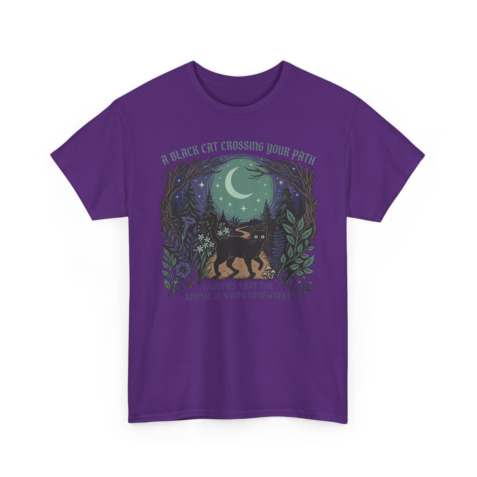 Black Cat Crossing Your Path Tee — Whimsical Moonlit Forest Cat Shirt