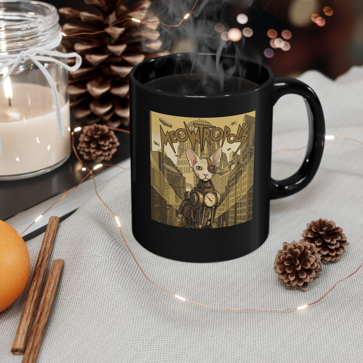 Meowtropolis Sci‑Fi Cat Black Mug — Futuristic Cat Graphic Mug