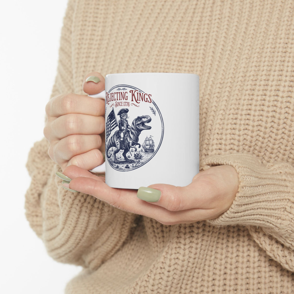 Funny Cat Ceramic Mug "Rejecting Kings, One Meow at a Time" Fourth of July Mug