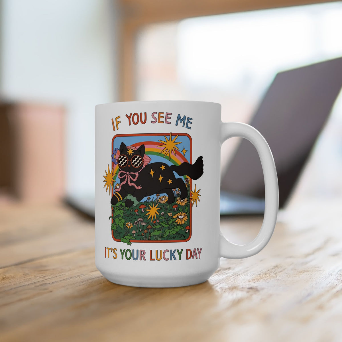 If You See Me It's Your Lucky Day Ceramic Mug — Retro Groovy Black Cat Rainbow Graphic Mug