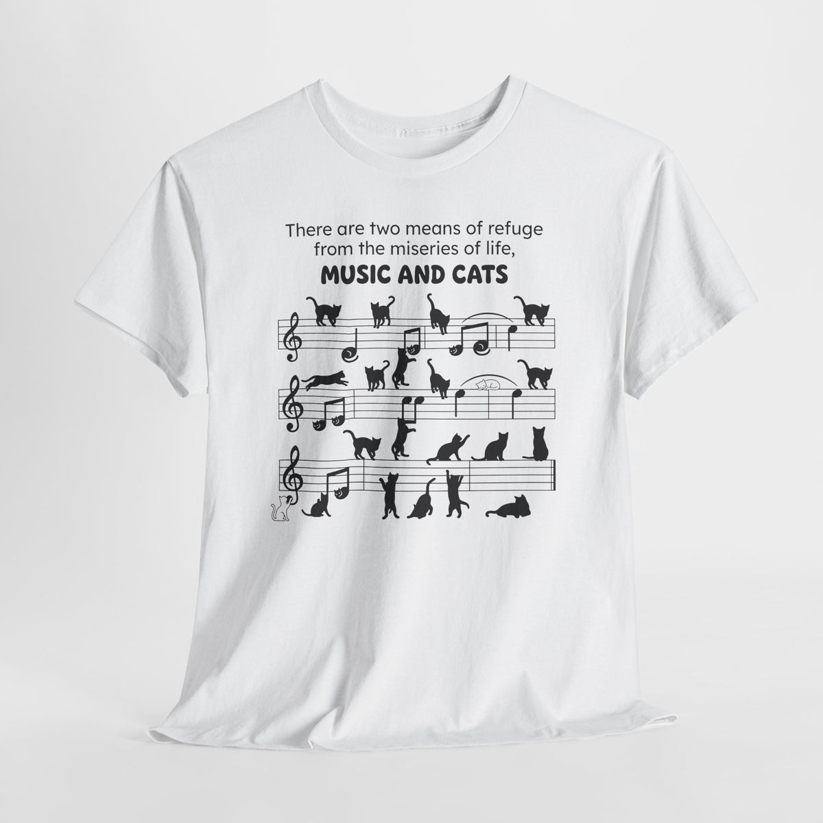 Music and Cats T-Shirt — Graphic Tee with Musical Score and Cat Silhouettes