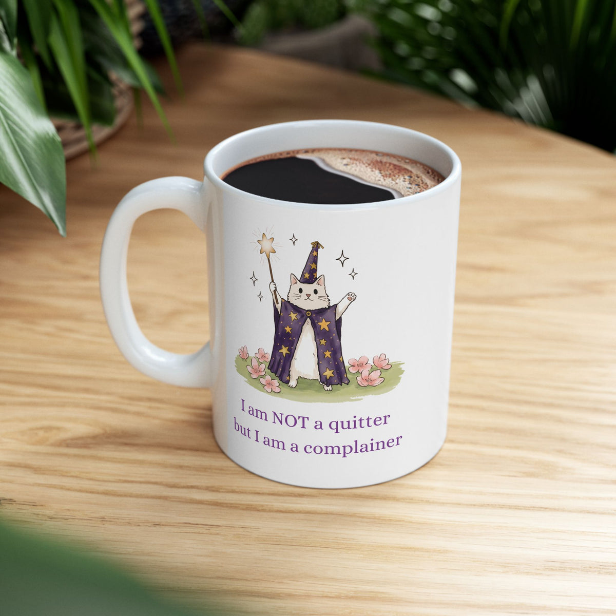 Funny Wizard Cat Ceramic Mug — Whimsical Magical Feline Complainer Drinkware