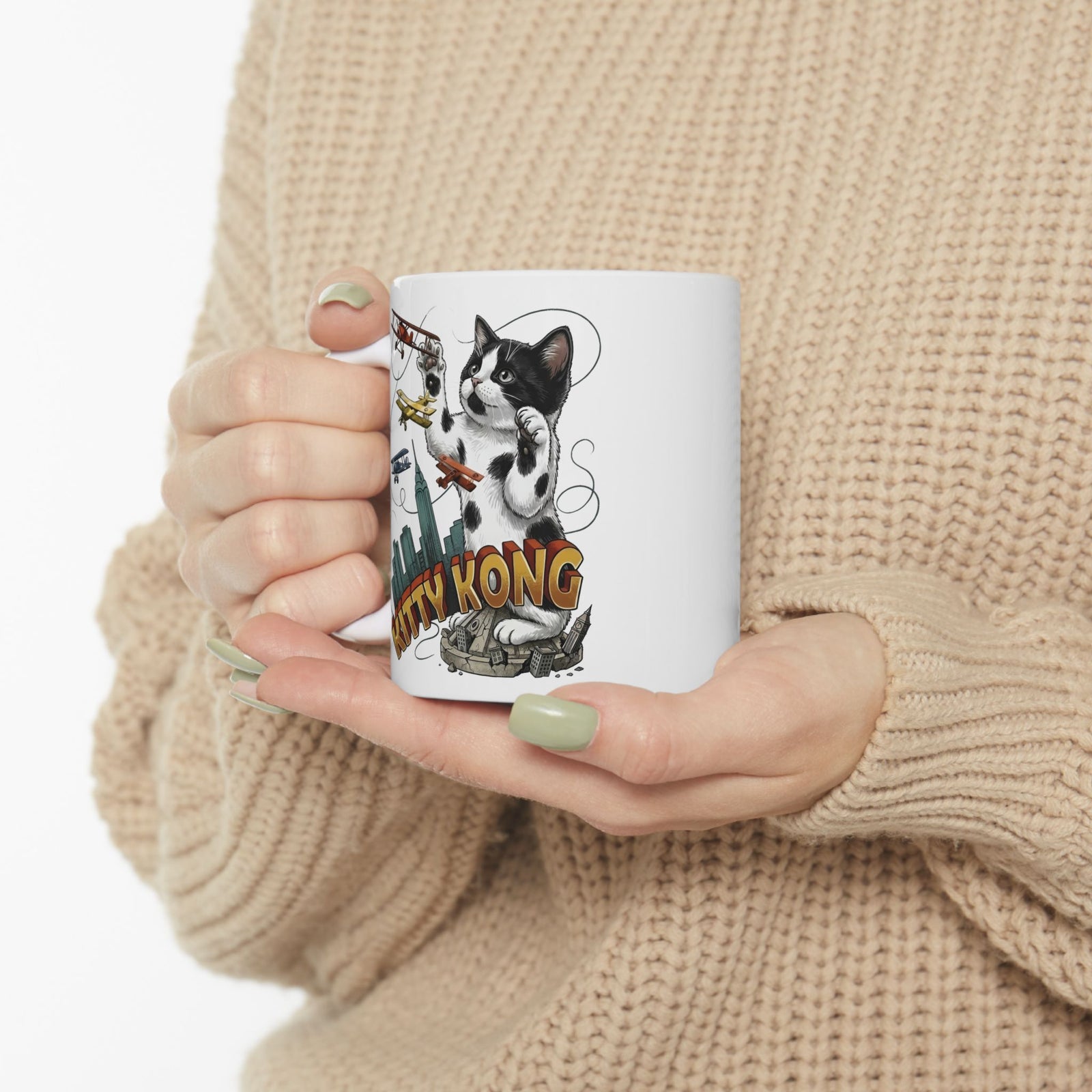 Kittie Kong Parody Cat Ceramic Mug — Funny Vintage-Style Cat Mug
