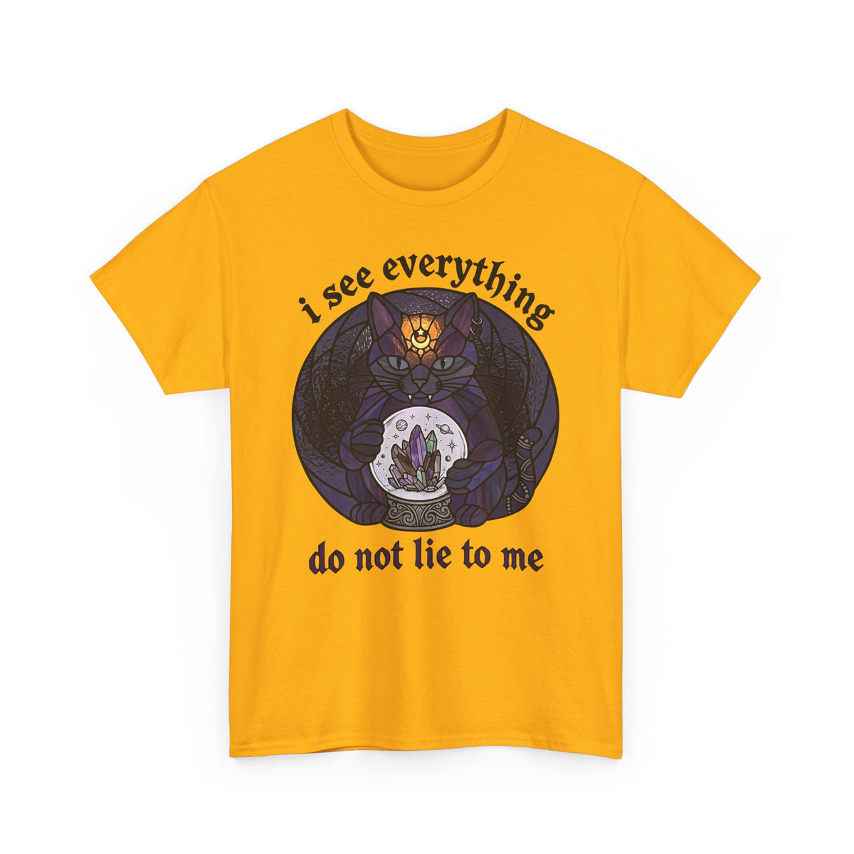 Mystic Fortune Teller Cat T-Shirt "I See Everything" Stained Glass Spiritual Kitten