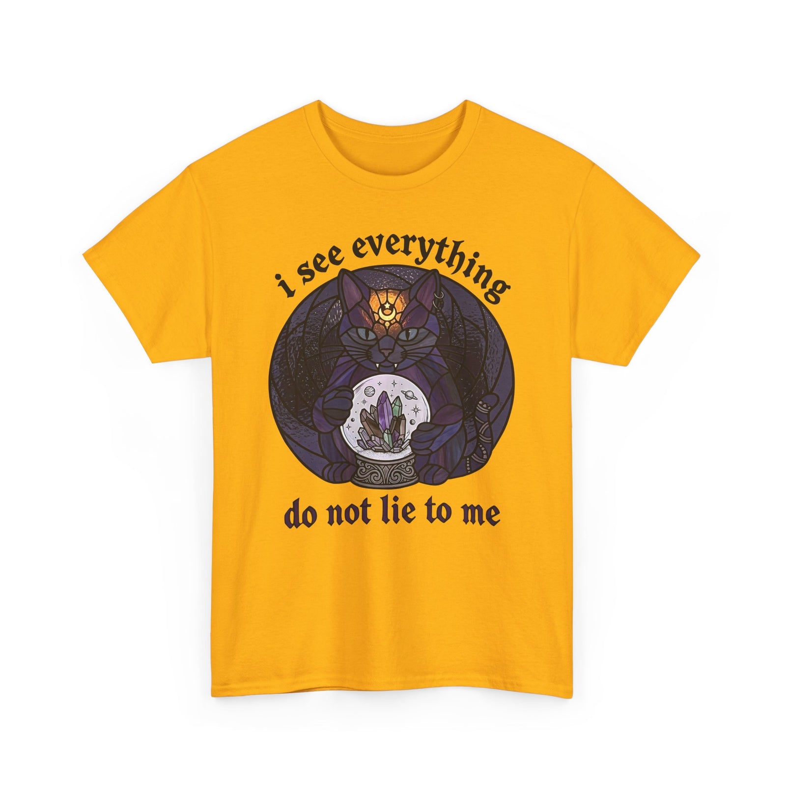 Mystic Fortune Teller Cat T-Shirt "I See Everything" Stained Glass Spiritual Kitten
