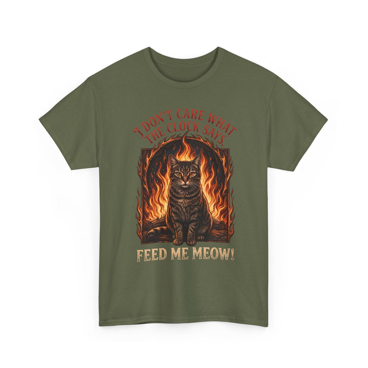 Feed Me Meow T-Shirt — Funny Hungry Tabby Cat Fiery Graphic Tee