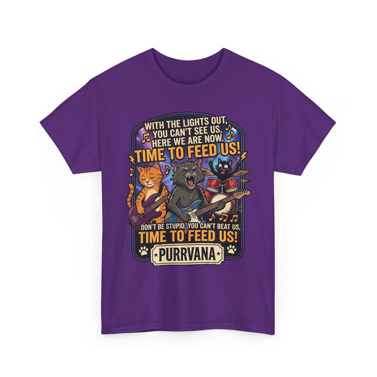 Purrvana Cat Band Graphic Tee — “Time to Feed Us!” Funny Cat Music T-Shirt