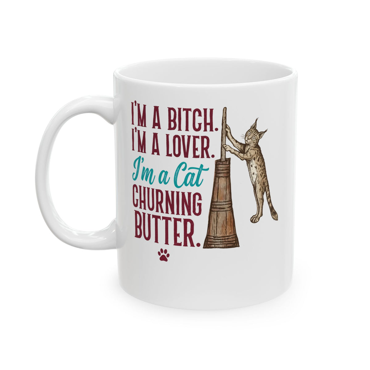 “I'm a Cat Churning Butter” Ceramic Mug — Funny Whimsical Cat Mug